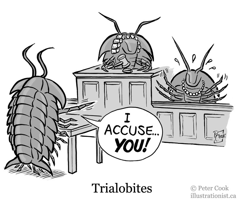 3 primitive crustaceans in a courtroom, one apparently a lawyer shouting "I accuse you!" to a panicked crustacean. Tagline: Trial-o-bites