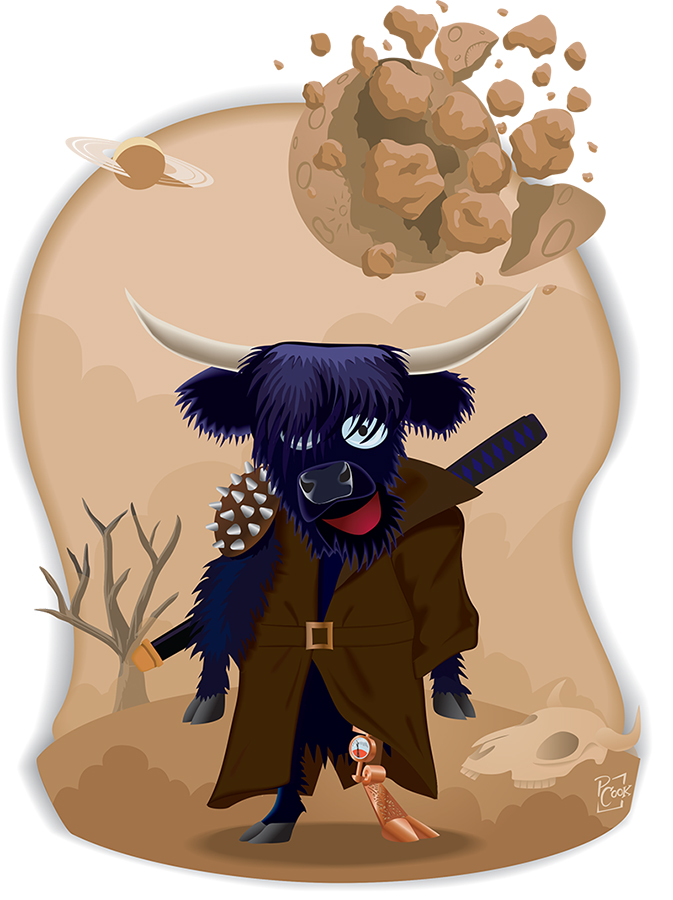 Large black cow in leather with sword on back stand in a wasteland, with shattered moon in sky.