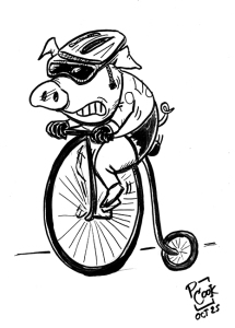 Sponsored pig on a penny-farthing