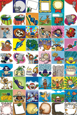 Stickers for an Annual Student Diary/Planner. Scholastic Canada. A grid of six columns and nine rows of colourful stickers.