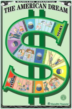 The American Dream, 60cm (2") x 90cm (3") board game for internal use by Manulife Financial. Large board game in the shape of a dollar sign titled The American Dream, with illustrated game spaces showing the stages of life.