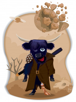 Personal promotional work. Third of my Cow Triptych. Those cows, I tell ya. Black Scottish Highland cow with katana on back and steampunk prosthetic back left back leg wanders a post-Apocalyptic world under a fractured moon