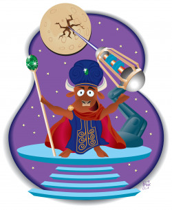 Personal promotional work. Second of my Cow Triptych. Evil looking cow with cape and jewelled sceptre on space platform, firing laser at a fracturing moon.