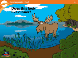 Slide for an environmental presentation. Client: CoEd Communications. Moose eating in wetlands with an idyllic wild view.