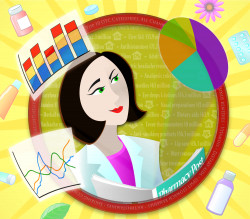 Cover of the annual Over The Counter magazine issue of <i>Pharmacy Post</i>. Stylized pharmacist studying floating charts and pie graphs while pills and ointments float around