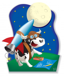 Personal promotional work. First of my Cow Triptych. Cartoon cow with rocket strapped to its back, match in hoof, fuse lit, aiming at the moon
