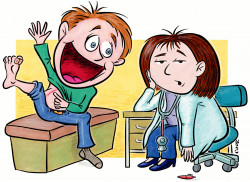 Opinion piece by a medical doctor on overenthusiastic patients. <i>Medical Post</i> excited man raising his shirt and describing a rash while his female doctor looks distressingly bored.