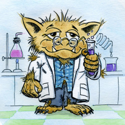Prize Button for Chemisty Library Research at University of Toronto, Scarborough. Hairy monster dressed in ripped, undersized clothes holding a test tube in a chemistry lab