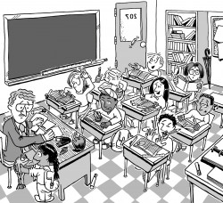 Busy classroom for an Addison-Wesley textbook. High angle view of a busy classroom.