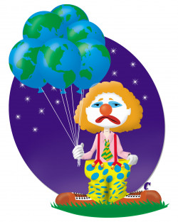 Fallacies of Carbon Footprints, <i>Alternatives</i> magazine. Circus clown with very large shoe and balloons shaped like the earth against a starry backdrop