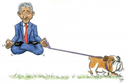 The Zen of Dogwalking, <i>Dog Eyes</i> magazine. Man in business suit walking bulldog while hovering in lotus position