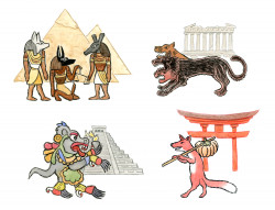 Mythical Dogs of History, an article for <i>Dog Eyes</i> magazine. Four images in a grid: Egyptian god dogs, Kerberus in Greek mythology, Mayan dog god, Japanese mythical fox.