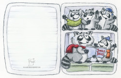 Personal project. Holiday card based on a true incident. (Not the carolling, alas.) A mama raccoon and her four kits, in scarves and sweaters, carolling in a refrigerator