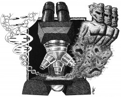 Opinion article on the dangers of genetic engineering leading to eugenics. <i>Alternatives</i> magazine. DNA strand drifting under a microscope, and emerging as a horrifying cloud of somewhat nightmarish super man forms