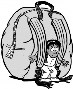 Student with an enormously large backpack for an Addison-Wesley textbook. Girl with an enormously large backpack