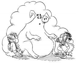 Humour piece about suburban sprawl near a large hog farm. <i>Alternatives</i> magazine. Children in gas masks looking up at a large confounded pig.