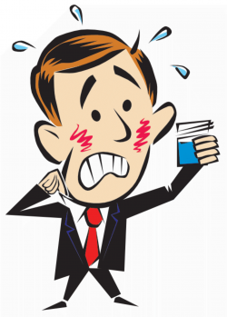 Label to cheer up a Random Self-Testing Kit for a multinational corporation. Nervous cartoon man sweating and looking a sample jar with a blue liquid in it