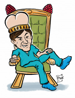 Commission by Dr. Yoni Freedhoff, reflecting his opinion of TV celebrity Doctor Oz. Caricature of TV's Doctor Oz, with a throne ornamented of raspberries, in a crown circled by coffee beans with a butt on top.