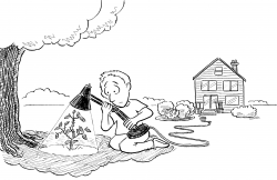 Solution for problems with plants in shade. From <i>Clueless in the Garden</i> by Yvonne Cunningham. A man giving light to a shaded plant by way of a desk lamp with a long extension cord that leads back into his distant house