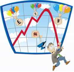 Opinion column on the psychology of being obsessed with the currency markets. <i>The Medical Post</i>. Vector illustration of man holding on to a plunging line on a graph