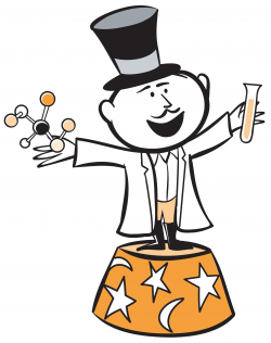 Science ringmaster in spot colour. <i>RCI Kids</i> newsletter. Ringmaster on a circus stand holding a molecule and a test tube