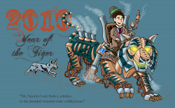 Personal project. New Year's family greeting card for the Year of the Tiger. Young man in Victorian dress riding a steam-driven metallic tiger.