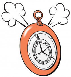 Exploring basic physics concepts of time. Spot colour. <i>RCI Kids</i> newsletter. Pocket watch with steam escaping from it.
