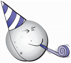 Celebrating sunspot anniversaries. Spot colour. <i>RCI Kids</i> newsletter. Sun in birthday hat, blowing on an extendable noisemaker.