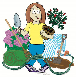 Cover of <i>Clueless in the Garden</i> by Yvonne Cunningham. Key Porter Books. Woman holding a trowel and potted garden plant, surrounding by gardening equipment, hose wrapped around her legs.