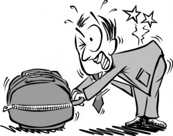 Header to flyer warning employees to avoid physical strain on business trips. Cartoon businessman having major back pain while trying to pick up an overpacked suitcase