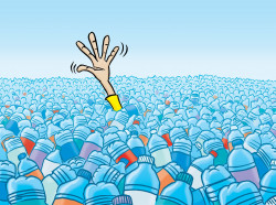 Drowning in water…bottles. Slide for an environmental presentation. Client: CoEd Communications. A desperate hand sinking into a sea of water bottles