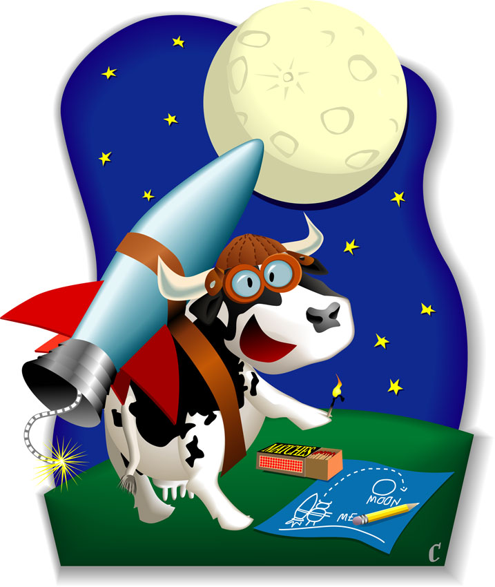 Cow with Rocket strapped on, holding a lit map, with basic plans and a large moon overhead